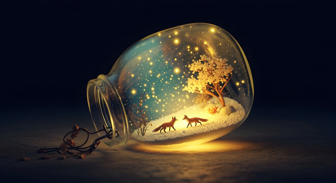 Enchanted Forest Scene in Glass Jar with Miniature Foxes and Glowing Stars — Whimsical Nightscape - Powered by Adobe
