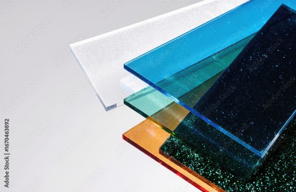 Poster colorful glass sheets stacked with different textures and colors on a light background