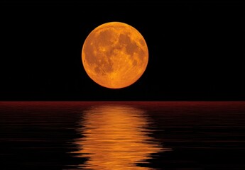 A large, orange moon reflected in still water