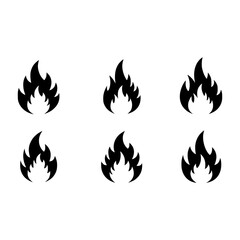 Set of  black fire flame vector icons. Simple flat burning fire silhouette collection. Hot energy symbol for graphic design. Blaze pictogram illustration isolated.