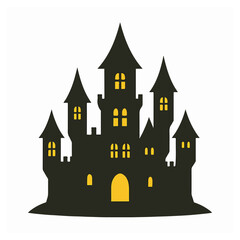 Obraz premium A classic haunted castle silhouette with glowing windows, evoking mystery and spooky Halloween vibes
