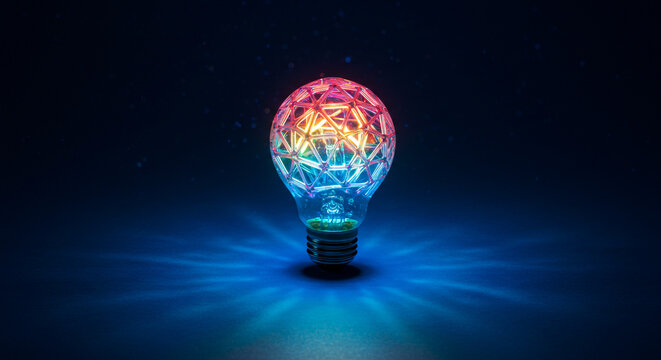 Vibrant geometric lightbulb bursts with colorful ideas illuminating a dark, atmospheric background with radiant energy