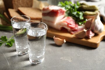 Cold Russian vodka with snacks on grey table