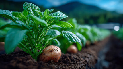 Potato plant with leaves and tuber growing in rich soil on a farm