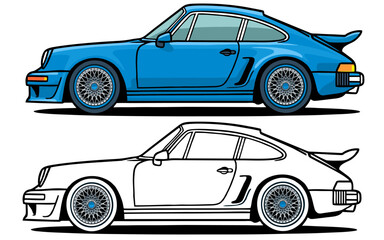Car line art drawing, Isolated Vector Outline Illustration Black and White with Coloring Sample