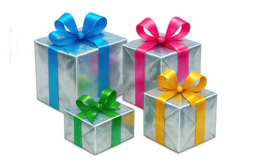 Fototapeta premium Silver gift boxes nestled with vibrant ribbons, radiating celebratory mood against transparent backdrop, ideal for holiday and party themes