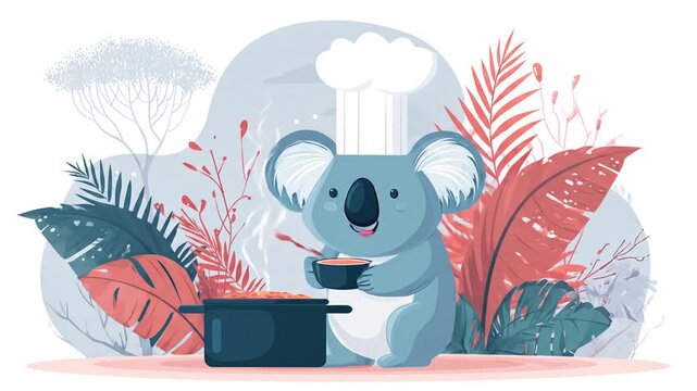 Koala chef cooking soup illustration