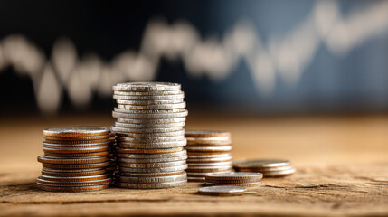 Stacks of coins representing finance investment banking savings economy growth and money market with blurred stock chart background