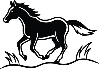 Fototapeta premium Black silhouette of a running horse in a field with grass gallop