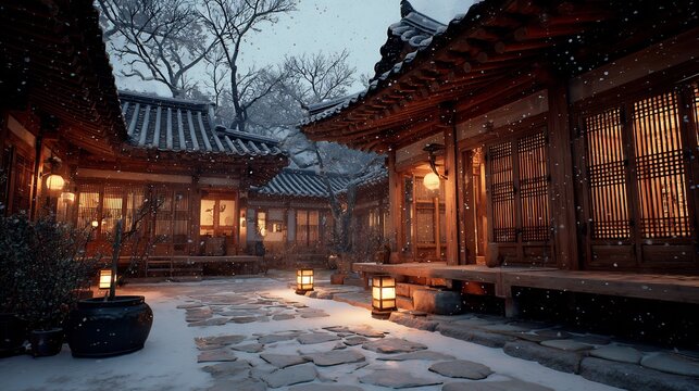Snow-covered traditional Asian architecture illuminated by lanterns during winter time
