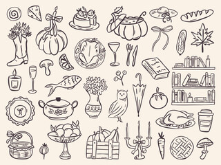 Cute autumn illustration set with hand-drawn icons: pie, acorns, books, mushrooms, and fall leaves. Cozy doodles perfect for stickers, invitations, or harvest themed decor.