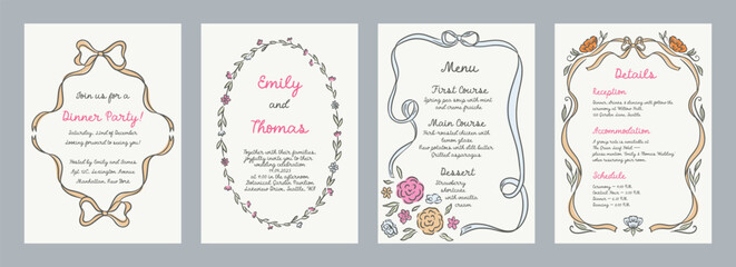 Set of spring whimsical hand-drawn pink blue orange green color frames with flowers and bows in trendy, vintage styles. Perfect for quirky holiday, wedding, birthday gift decorations