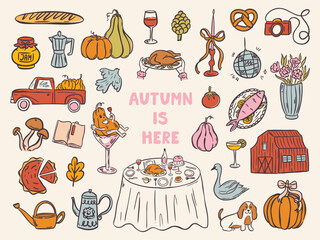 Cute autumn illustration set with hand-drawn icons: pie, acorns, books, mushrooms, and fall leaves. Cozy doodles perfect for stickers, invitations, or harvest themed decor.