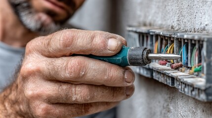 Man wiring an electrical box. Close-up shows hands and wires. Wall is textured cement