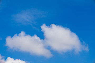 White fluffy clouds floating in a bright blue sky, creating a peaceful and natural background for relaxation, freedom, and inspiration.