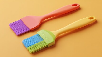 Cheerful pair of colorful silicone pastry brush kitchen utensils for baking and cooking. These vibrant basting tools on an orange background feel playful and modern
