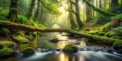 Lush green forest with a flowing stream and fallen logs
