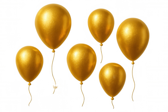 Six shiny gold balloons floating with curled strings on a transparent background, perfect for celebratory designs