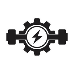 Black gear with lightning bolt and weights on white background energy power