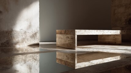 Minimalist stone table in sunlit room with reflective floor surface