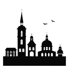 Silhouette of historic buildings and flying birds architecture church