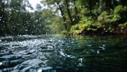 Fototapeta premium Rain splashing into a dark-toned river