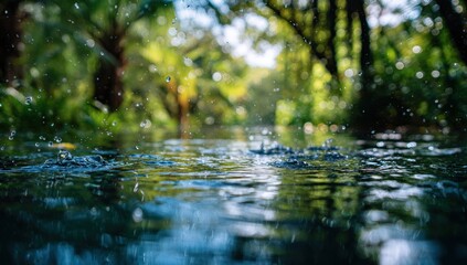 Water droplets splashing on a shallow stream in a lush garden
