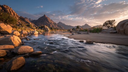 Rocky river flowing through a desert landscape at sunset