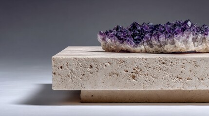 Amethyst crystal on stone platform for modern interior design and home decor concepts