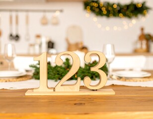 Wooden numbers 123 on a table, festive kitchen setting
