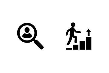 Silhouette icons magnifying glass with person climbing stairs with upward arrow vector