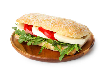 Delicious sandwich with mozzarella cheese, tomato and arugula isolated on white