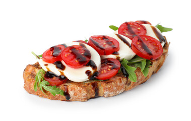 Delicious sandwich with mozzarella cheese, balsamic sauce, tomato and arugula isolated on white