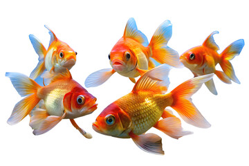 Fototapeta premium Four oranda goldfish swimming together isolated on white background