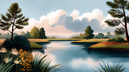 Serene landscape illustrative style soft color calm river lush greenery peaceful mood blue sky fluffy cloud