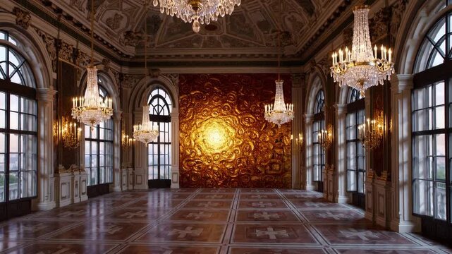 AI-generated elegant interior featuring detailed ceiling, glowing chandeliers and intricate wall art
