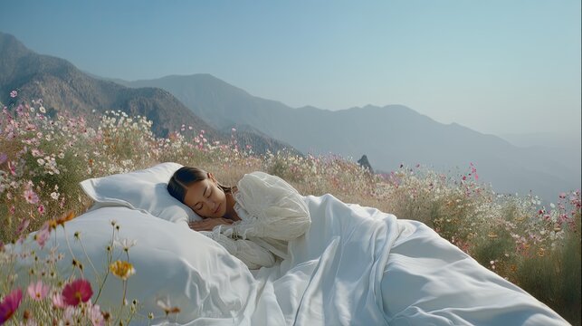 A young Asian woman sleeping sweetly on a bed in the middle of a flowering alpine meadow. A gentle breeze rustles the flowers as a young woman sleeps peacefully in the meadow. - Powered by Adobe