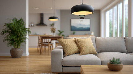 Fototapeta premium Modern living room with beige sofa, yellow pillow, pendant light, wooden floor, and large window, cozy and inviting