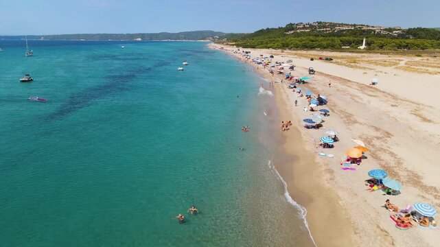 Possidi Cape, Possidi beach, Kassandra Halkidiki, Greece. One of the best amazing places in the world. Incredible clear blue water. Aerial panoramic drone view from above, top view from drone. Summer 