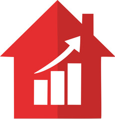 Red house icon with upward trending graph and arrow home real estate