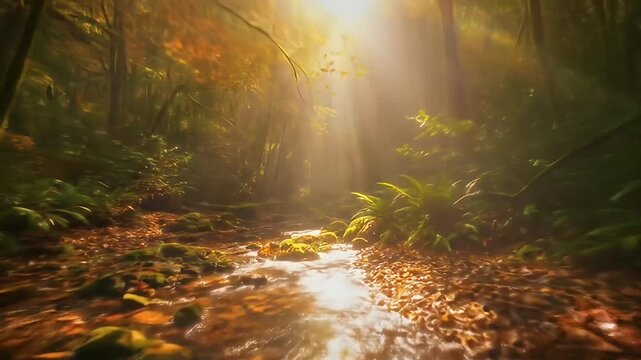 Sunbeams stream through trees onto a creek bed in a dense, lush, temperate forest