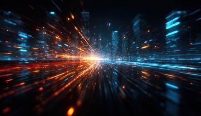 Abstract cityscape at night, vibrant lights streaking