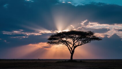 Silhouette of a lone acacia tree at sunset