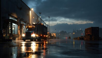 Obraz premium Industrial loading dock at night, rain