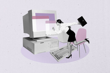 Artwork sketch banner full 3d collage of happy businesswoman stand pc monitor desktop keypad...