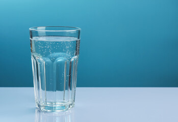 Refreshing soda water in glass on white mirror table against light blue background, closeup. Space for text