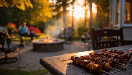 Backyard barbecue at sunset