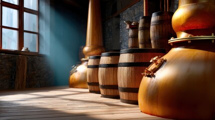 Sunlit Whiskey Distillery Interior with Copper Stills and Oak Barrels