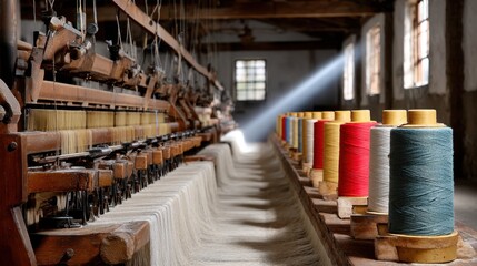 Colorful Yarn Spools on Vintage Weaving Loom in Historic Textile Mill with Sunbeam
