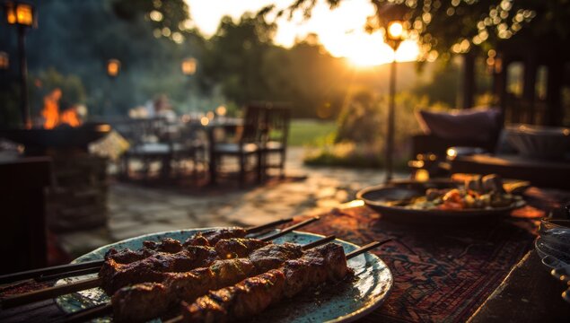 Outdoor dining scene at sunset